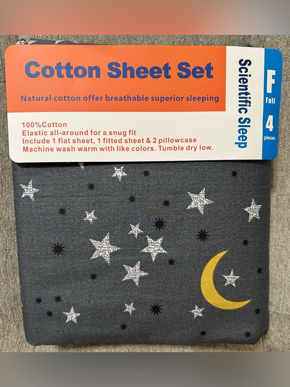 Full Cotton Sheet Set in Gray Star & Moon Print